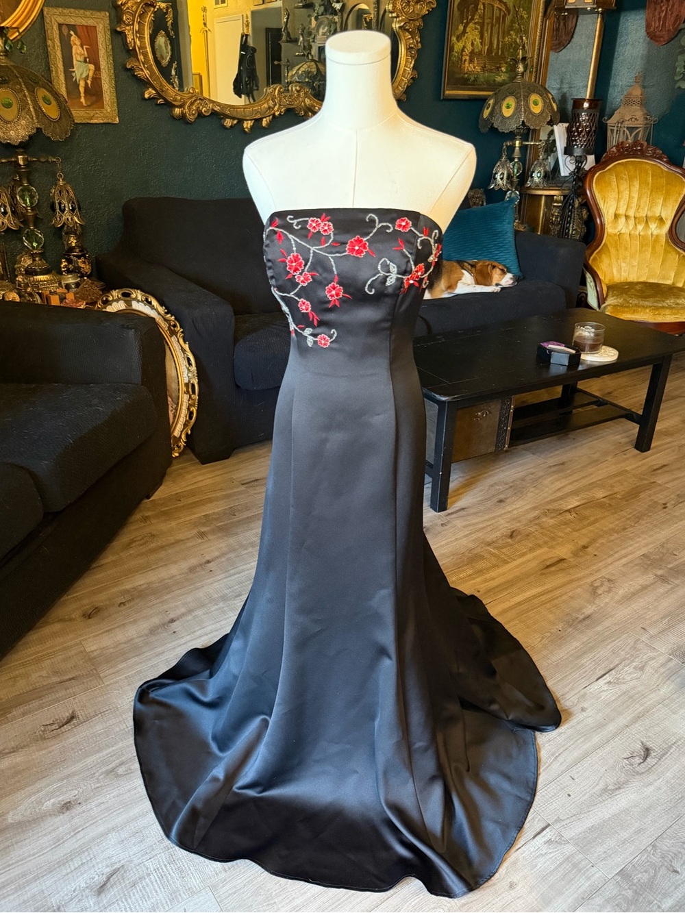 Y2K Morgan & Co Strapless Black Embroidered Mermaid Gown | Floral Formal Dress